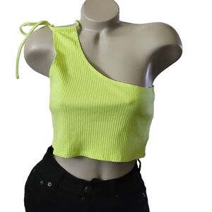 Aerie Real Lime Green One Shoulder Tie Ribbed Crop Top Tank Bandeau L